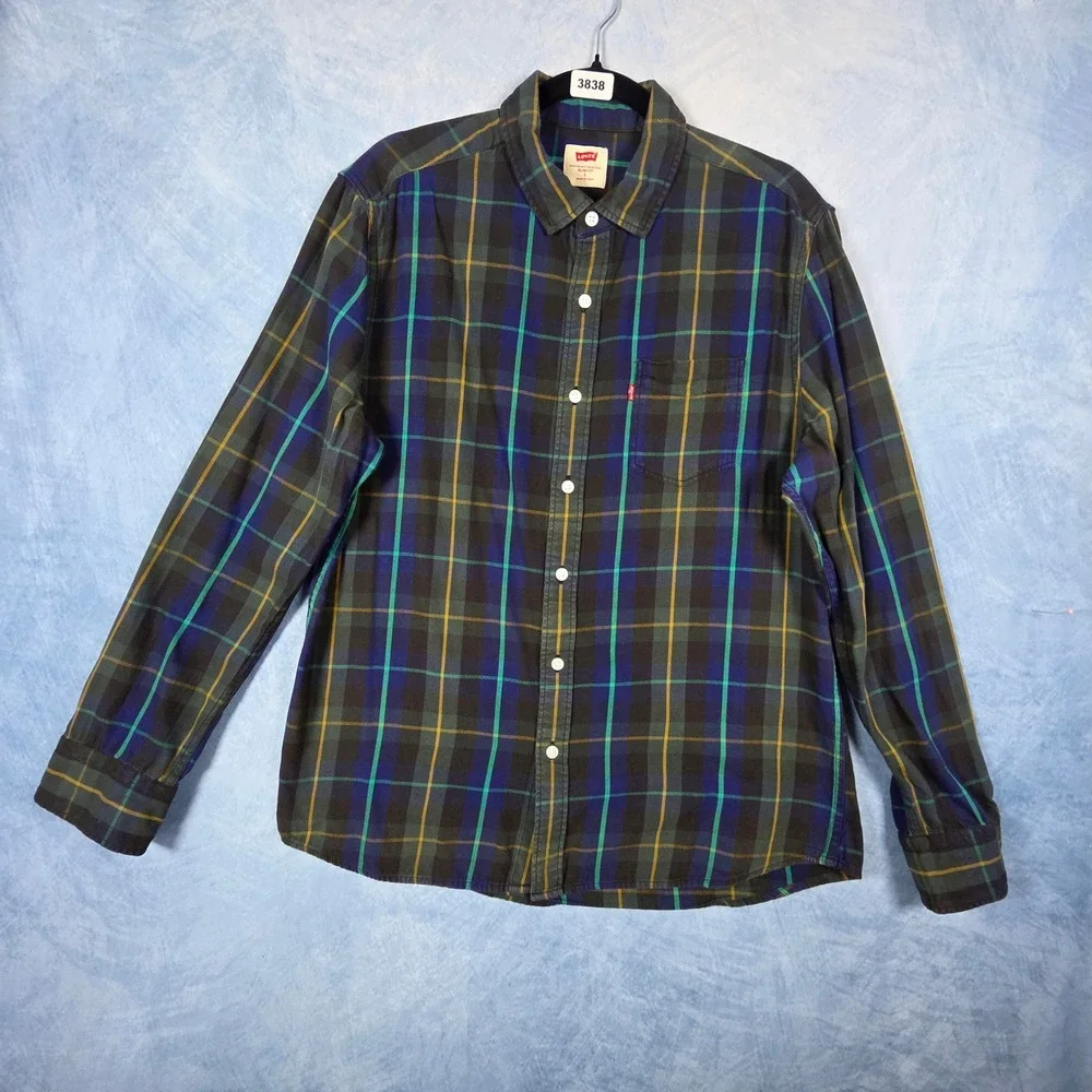 Levis Mens Slim Fit Plaid Flannel Button Down Shirt Navy Green Large 3838